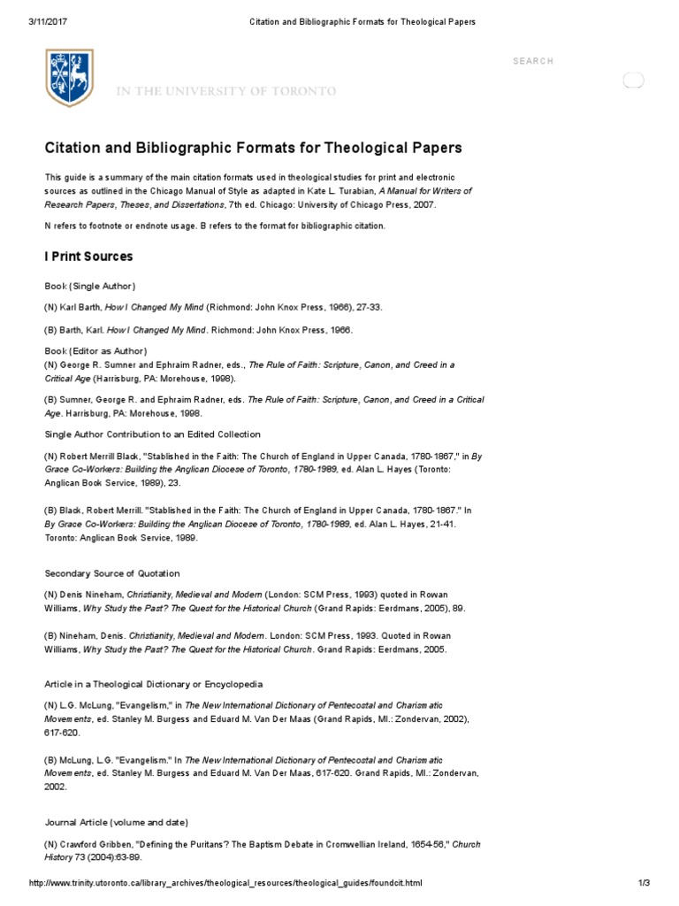 Citation and Bibliographic Formats for Theological Papers Toronto