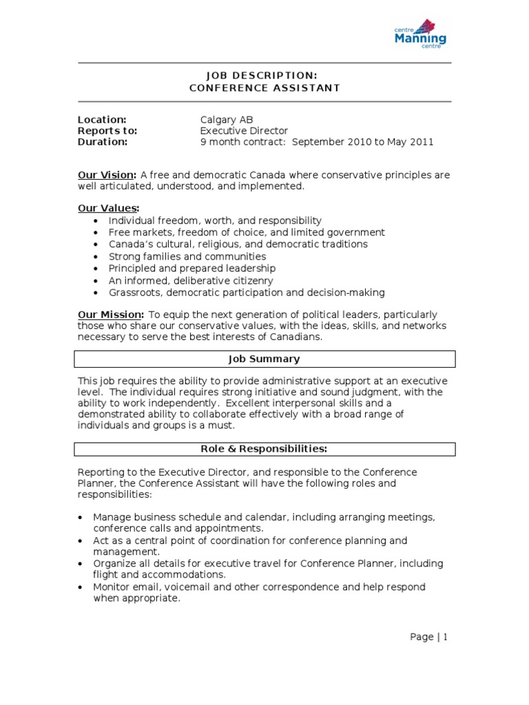 Conference Assistant Job Description PDF Leadership Business