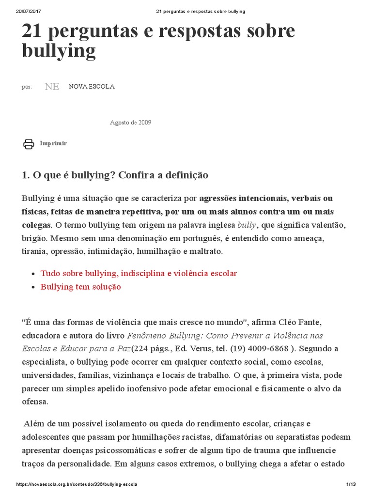 21 Perguntas e Respostas sobre Bullying | PDF | Assédio moral/bullying ...