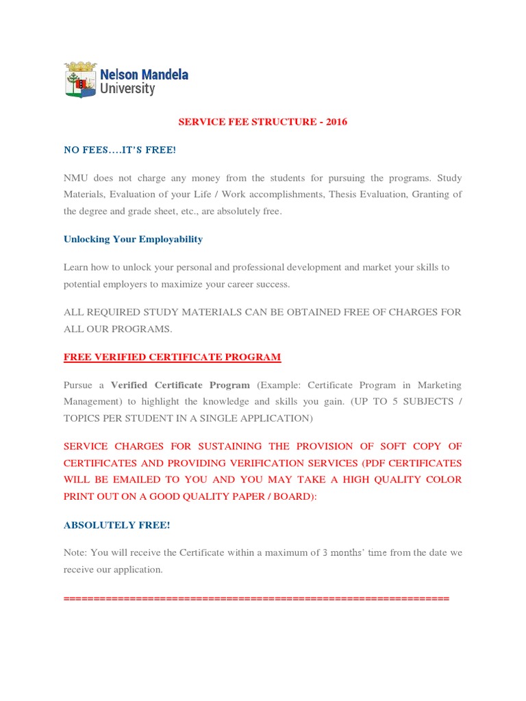 Nelson Mandela University FEES PDF Academic Degree Fee