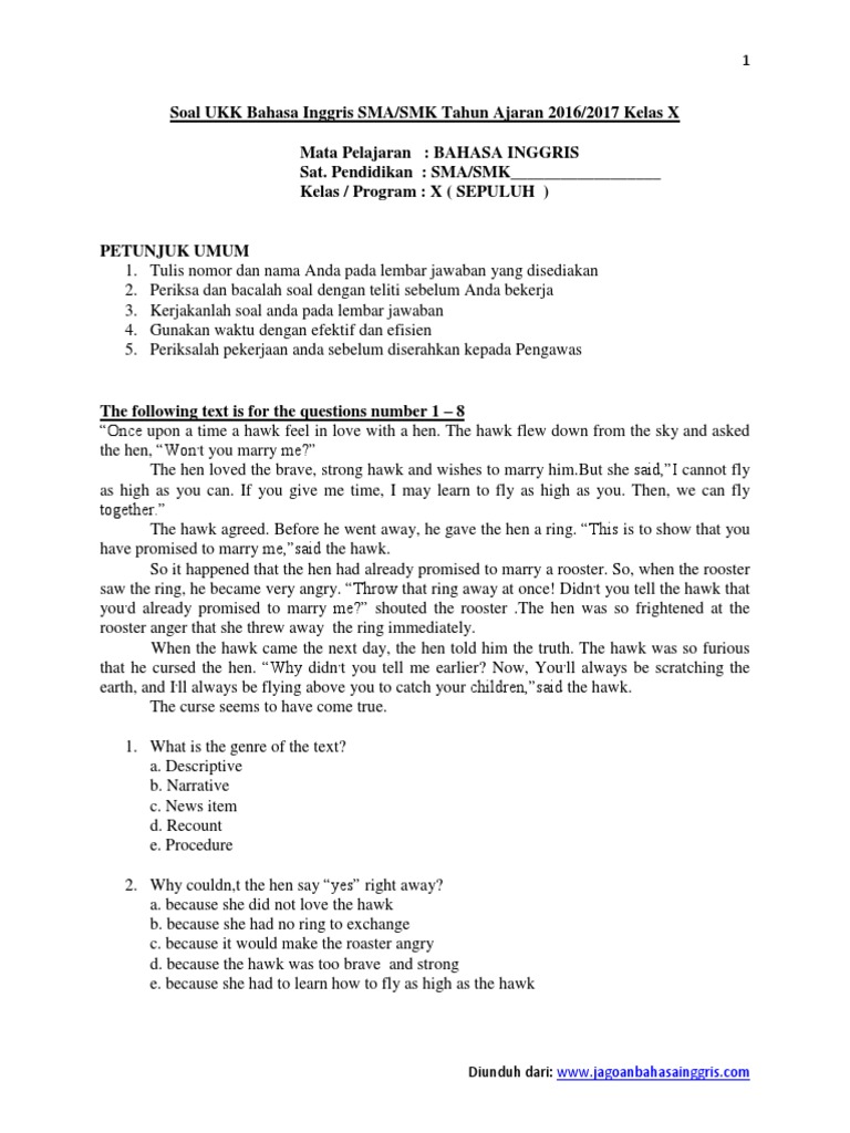 Soal Ukk Bahasa Inggris Sma Smk Kelas X