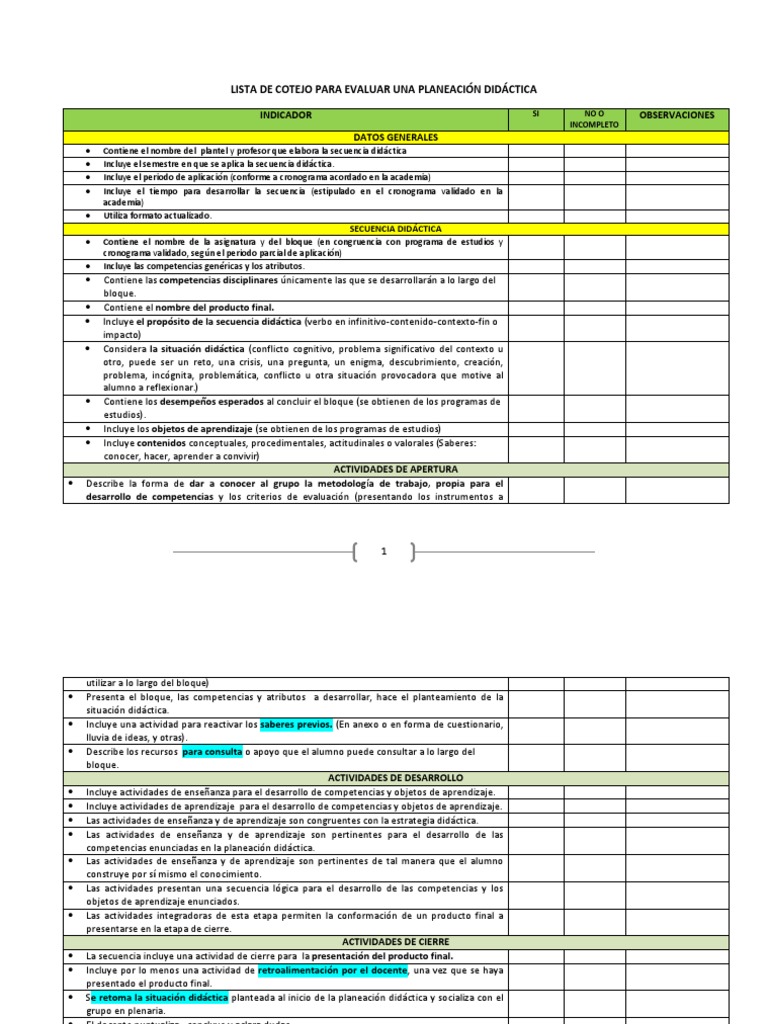 Lista de cotejo para evaluar planeación didáctica.docx | Planificación ...