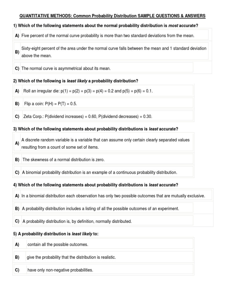 QUANTITATIVE METHODS Common Probability Distribution Test Questions PDF Probability Theory