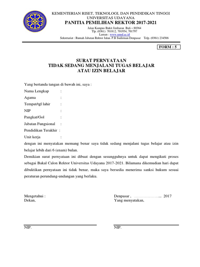 Contoh Surat Keterangan Tidak Sedang Menjalani Tugas Belajar  Kumpulan