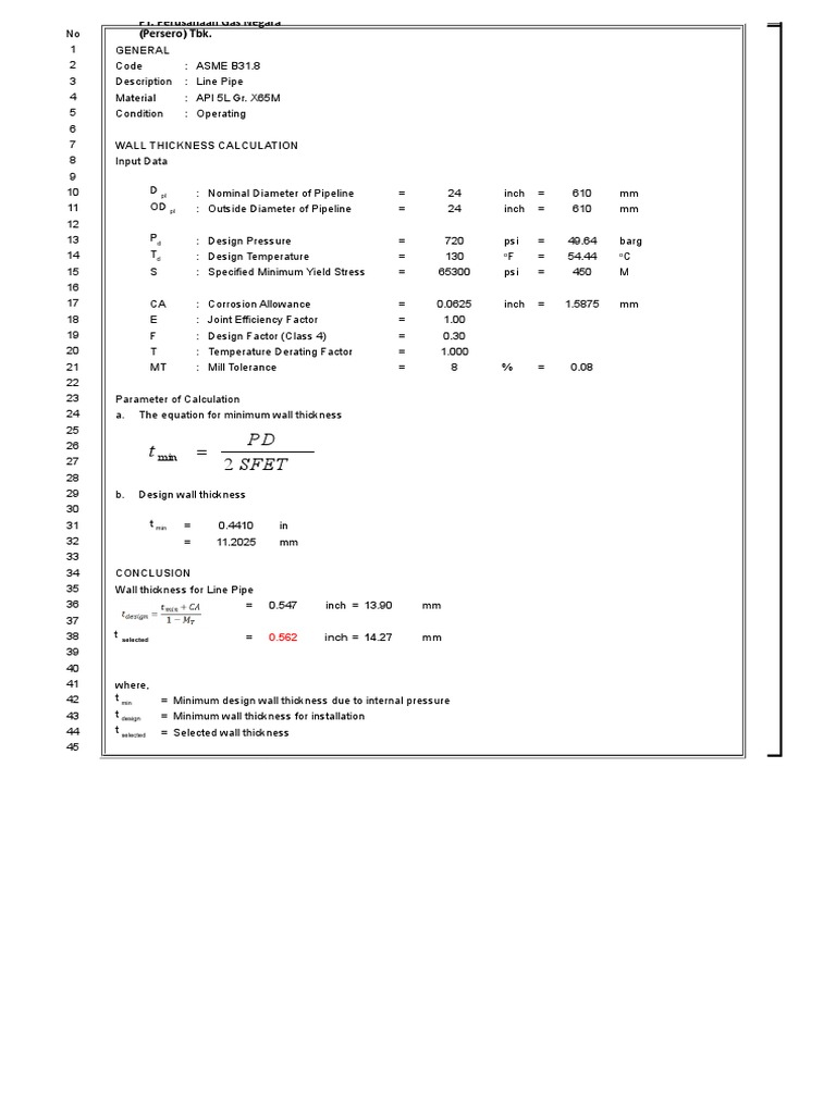 Pipe Wall Thickness Calculation ASME B31.8 Pipeline Transport Pipe (Fluid Conveyance)