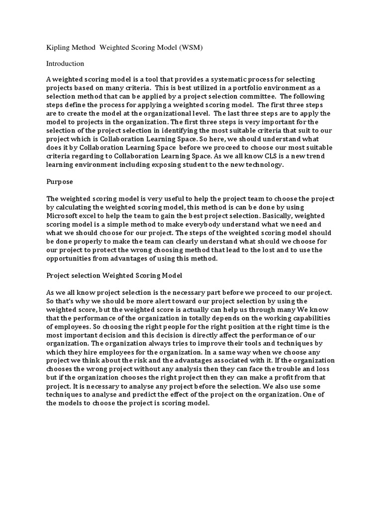 Weighted Scoring Model for Project Selection | PDF | Profit (Accounting ...