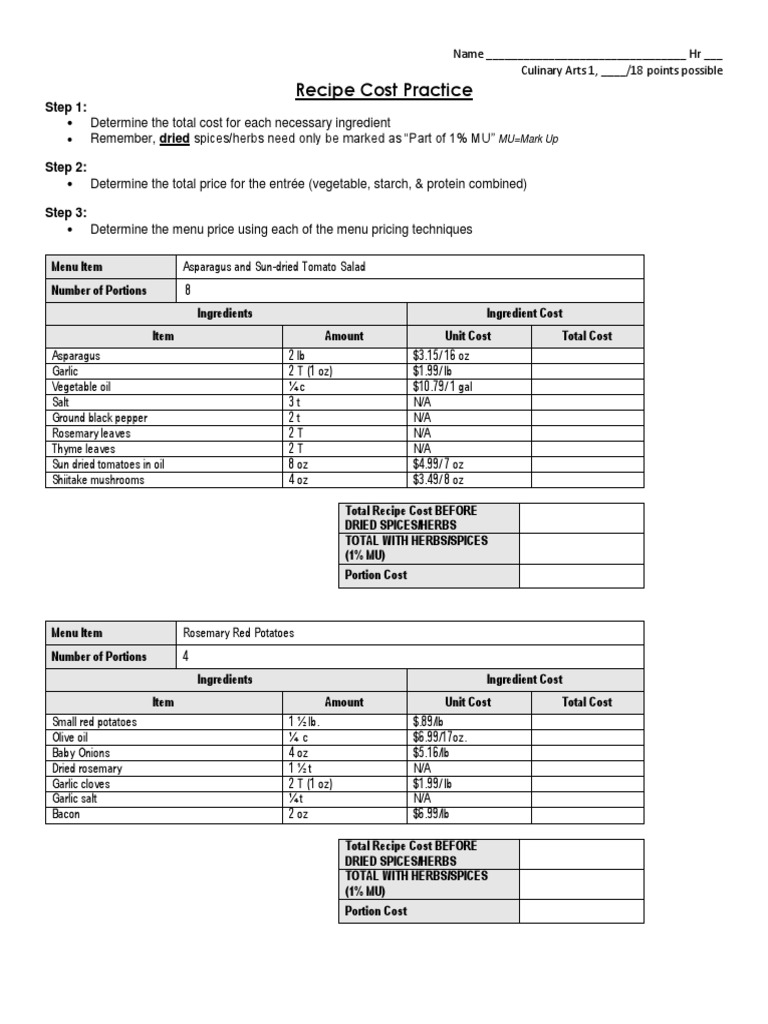 Recipe Cost Practice Garlic Spice