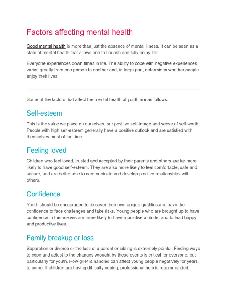Factors affecting mental health self esteem mental disorder free