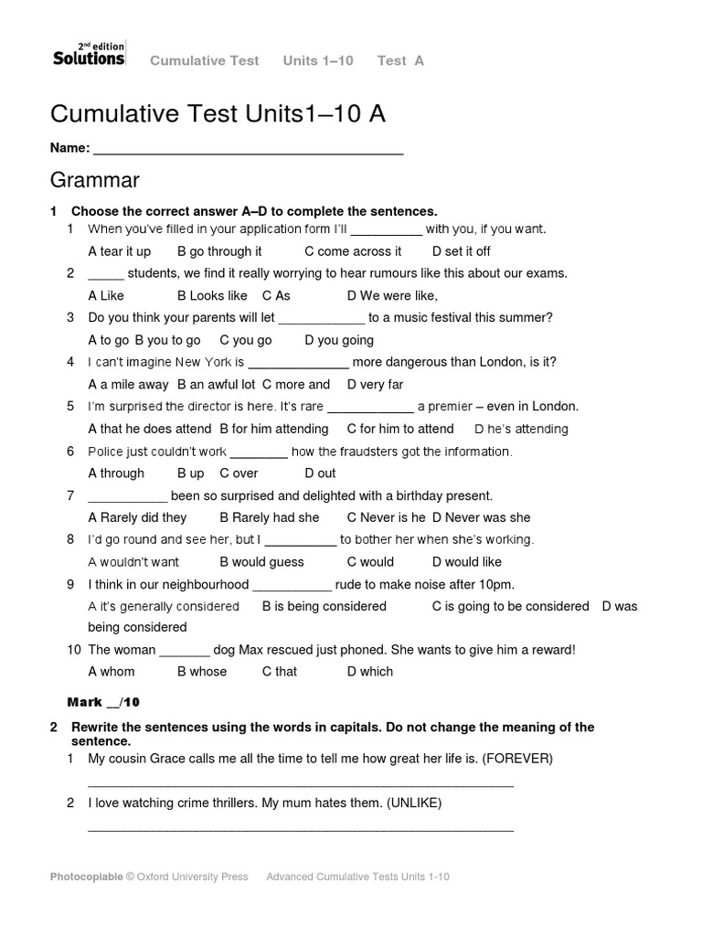 Cumulative Test 1 10A PDF