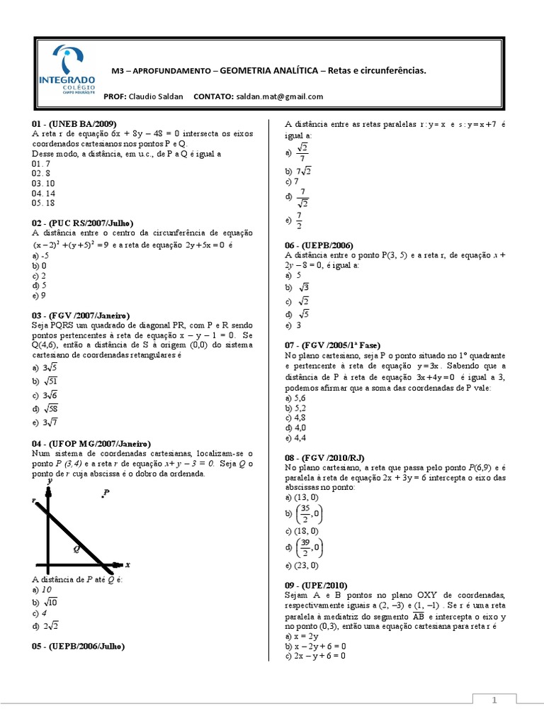 Exercícios de Geometria Analítica | PDF | Círculo | Sistema de ...