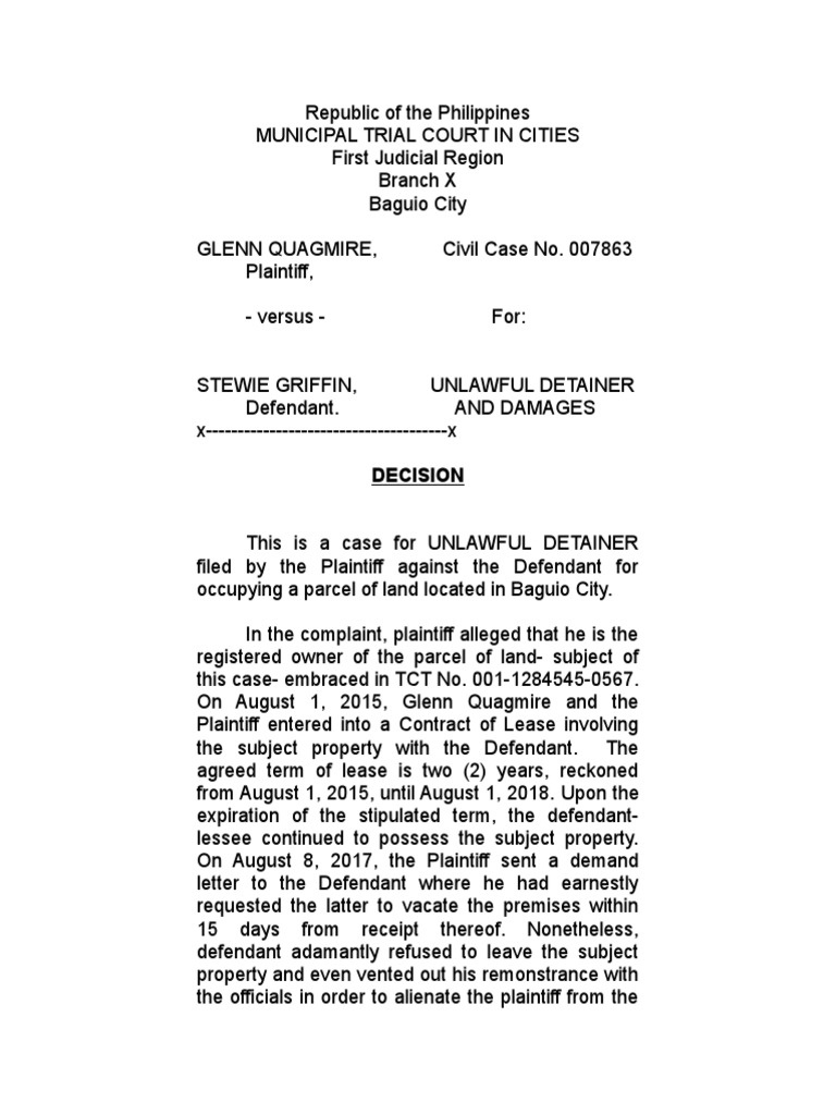 Unlawful Detainer MTC Decision | PDF | Lease | Civil Law (Common Law)