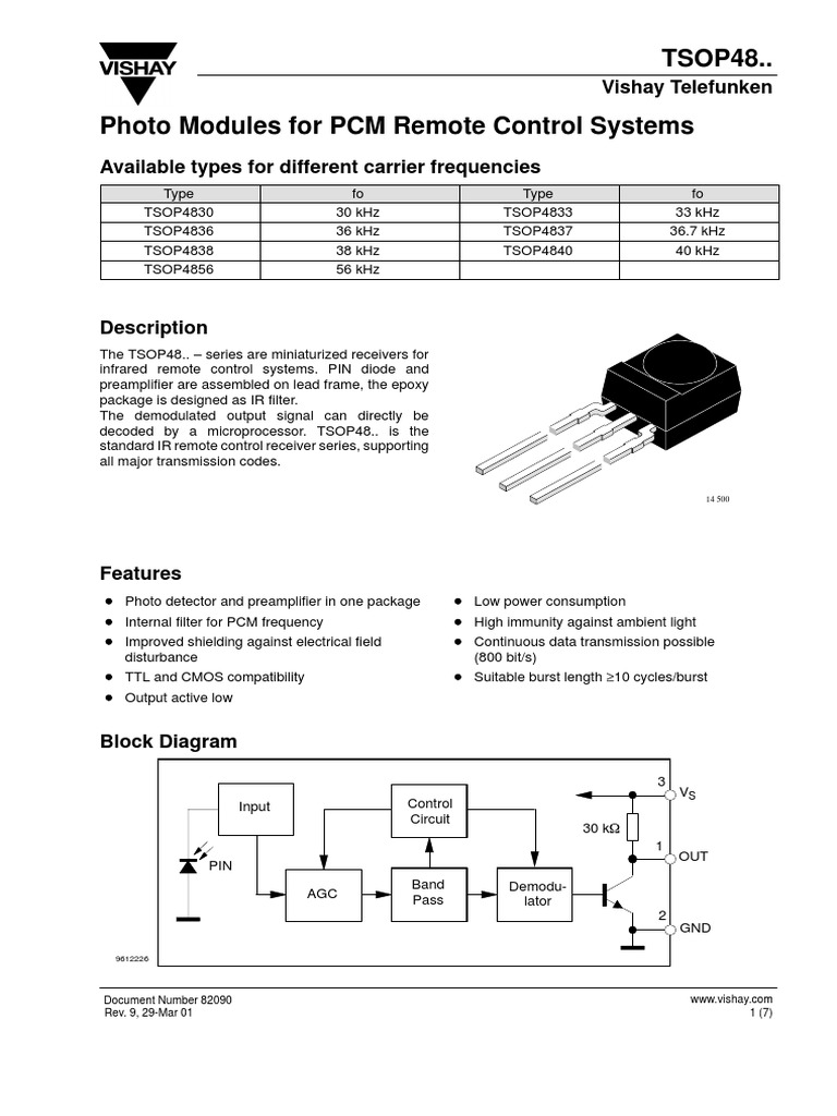Infrared Sensor Datasheet - TSOP-4838 PDF | PDF | Modulation ...