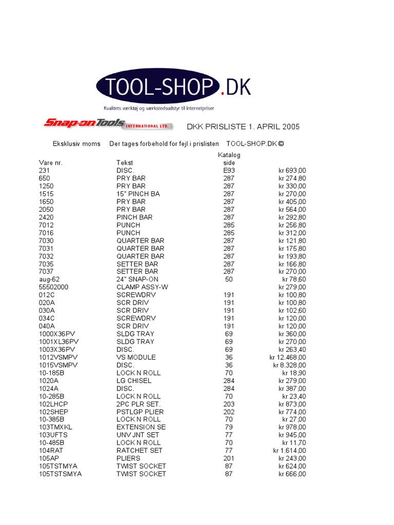 Snap-on Tools Price List 2005 | PDF | Equipment | Metalworking