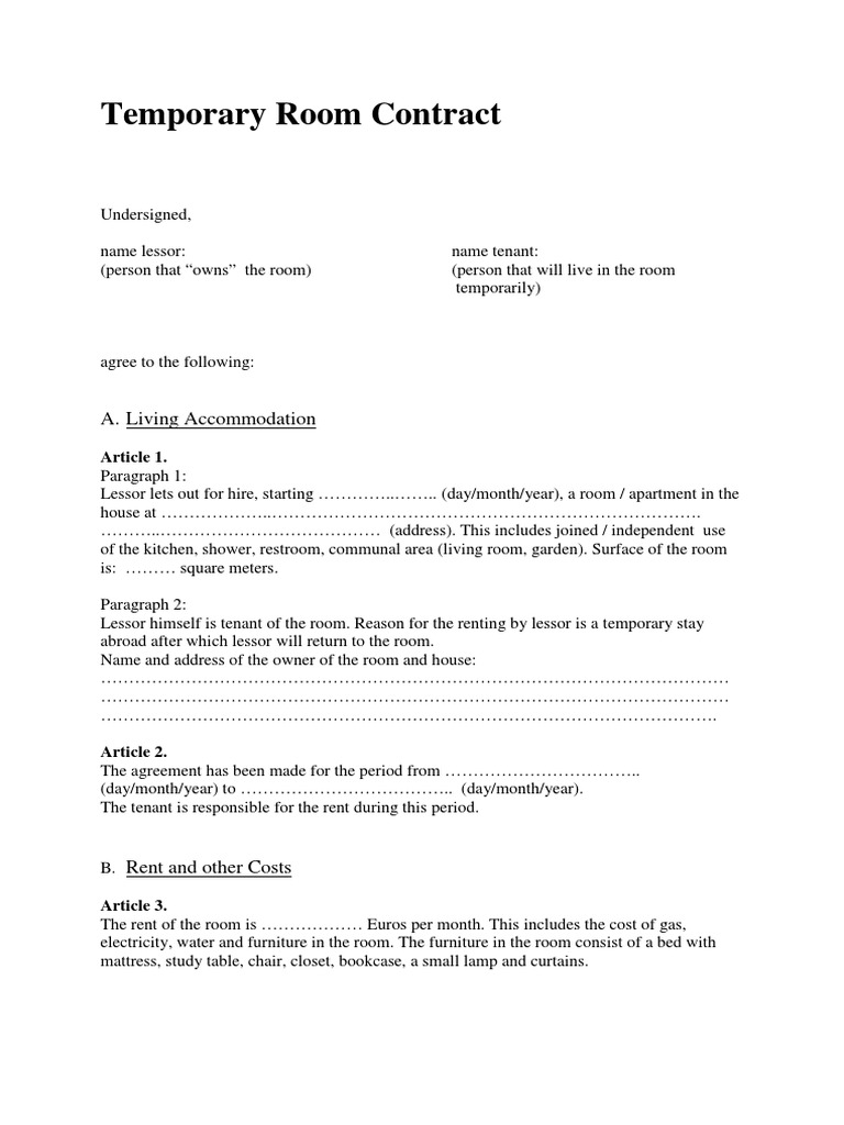 Temporary Room Contract Sample Lease Private Law