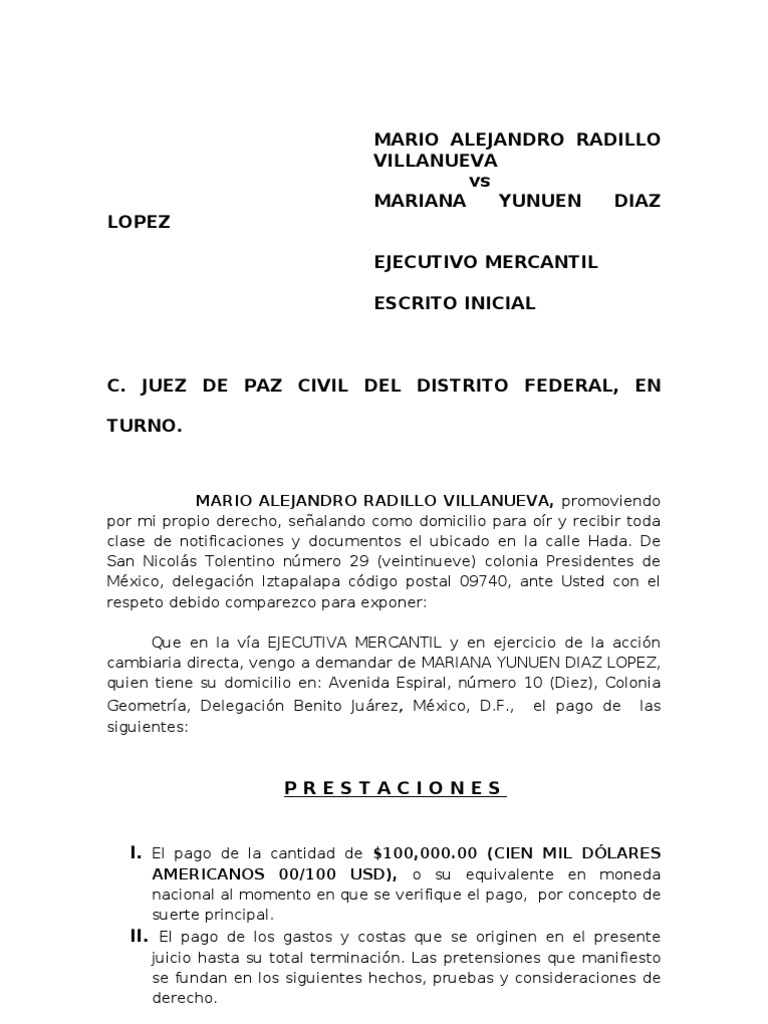 Demanda Ejecutivo Mercantil Escrito inicial.