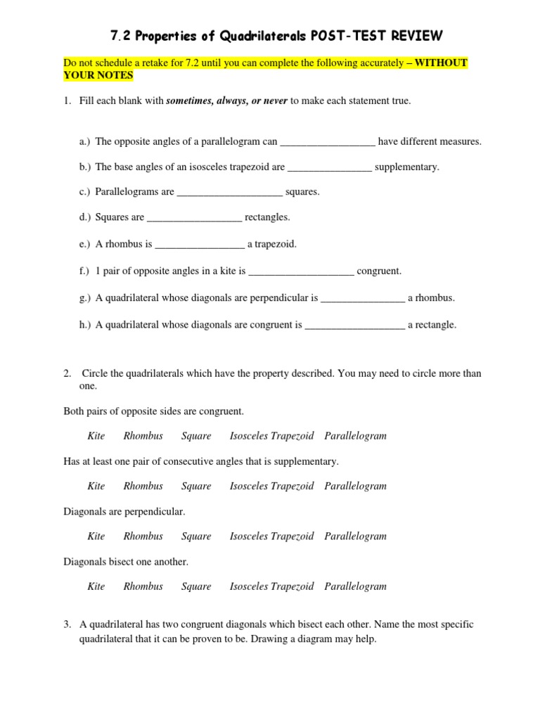 Properties of Quadrilateral (EXAM)  PDF  Rectangle  Perpendicular Inside Properties Of Quadrilateral Worksheet