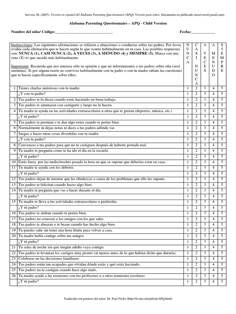 APQ Alabama Parenting Questionnaire Niños PDF PDF Ocio Violencia