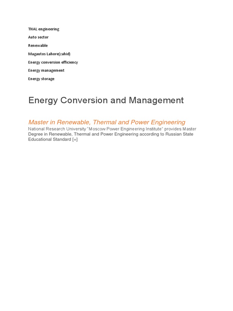 Energy Conversion and Management: Master in Renewable, Thermal and ...