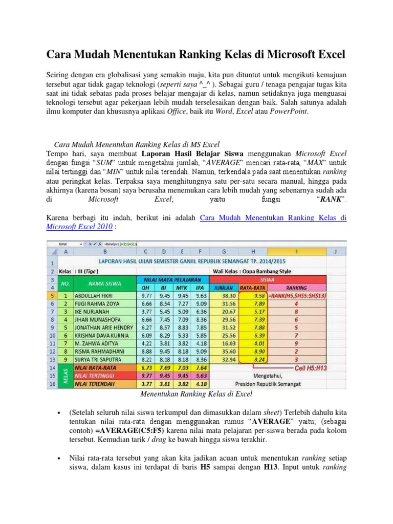 Cara Mudah Menentukan Ranking Kelas Di Microsoft Excel | PDF | Karier ...