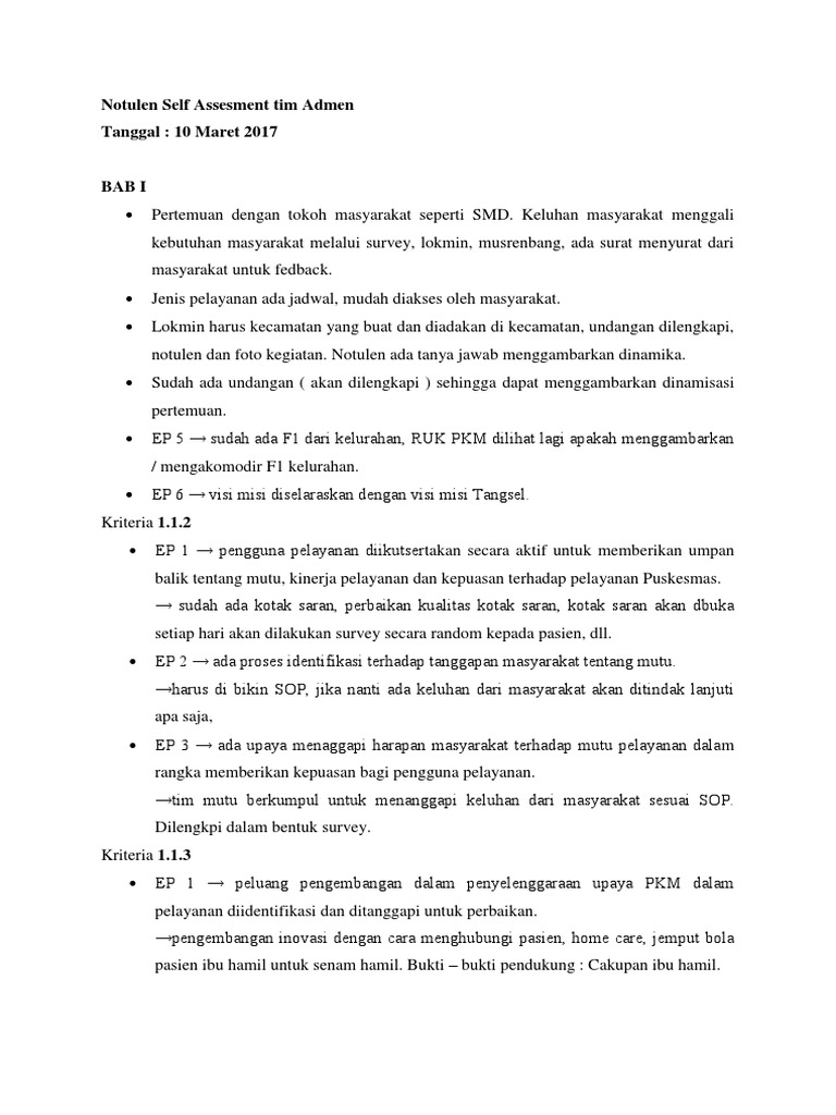 Notulen Self Assessment Tim Admen 2017 | PDF