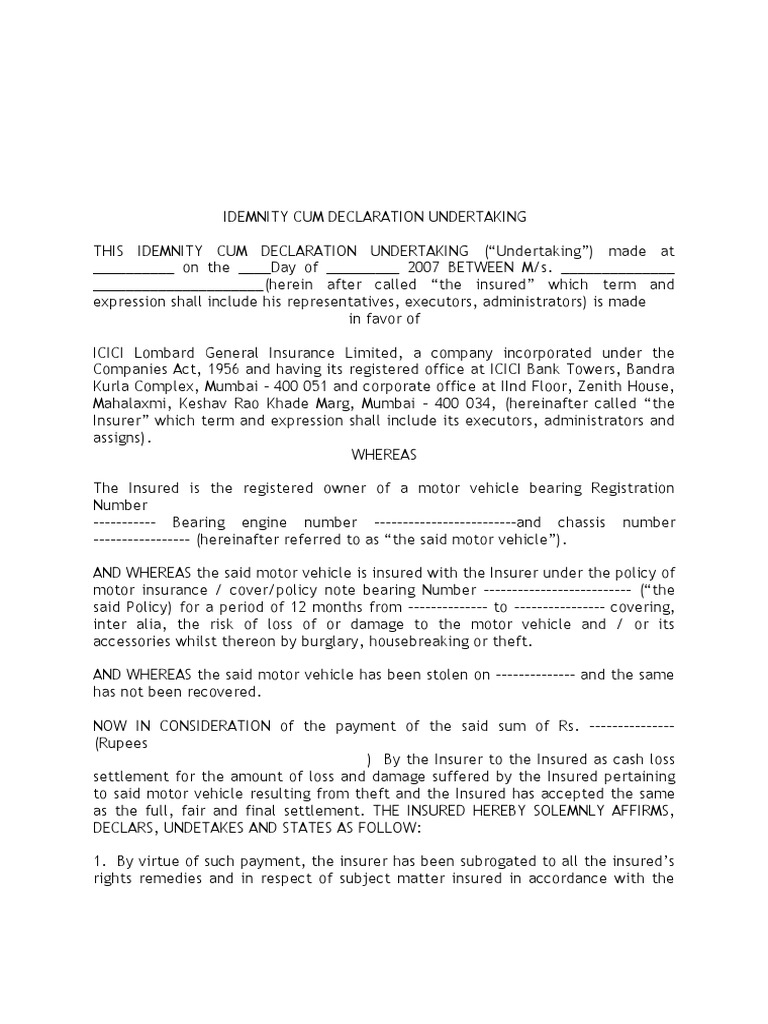Indemnity Bond Subrogation Indemnity