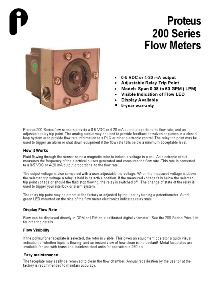 Proteus 200 Flowmeter Data Sheet Flow Measurement Relay