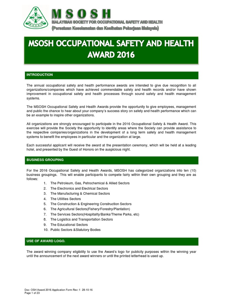 MSOSH OSH Award 2016 Application Guide | PDF | Audit | Occupational ...