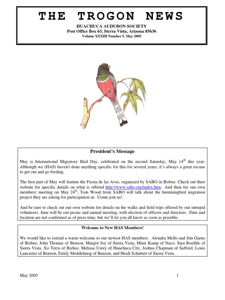 The Trogon News Huachuca Audubon Society Post Office Box 63, Sierra