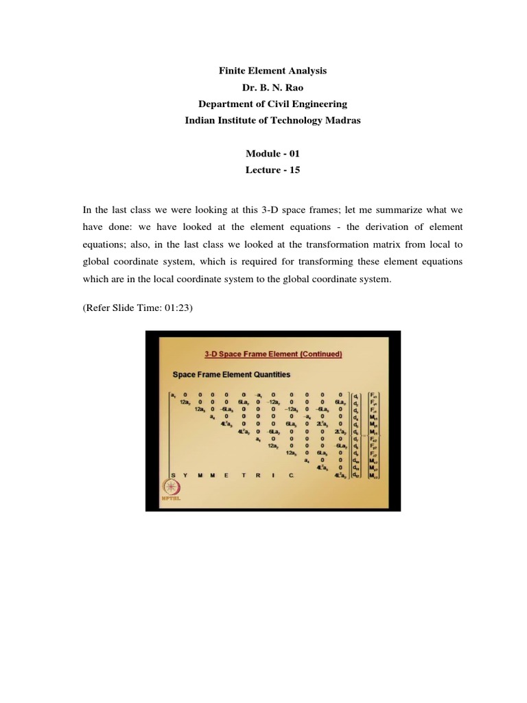 Finite Element Analysis Dr. B. N. Rao Department of Civil Engineering ...