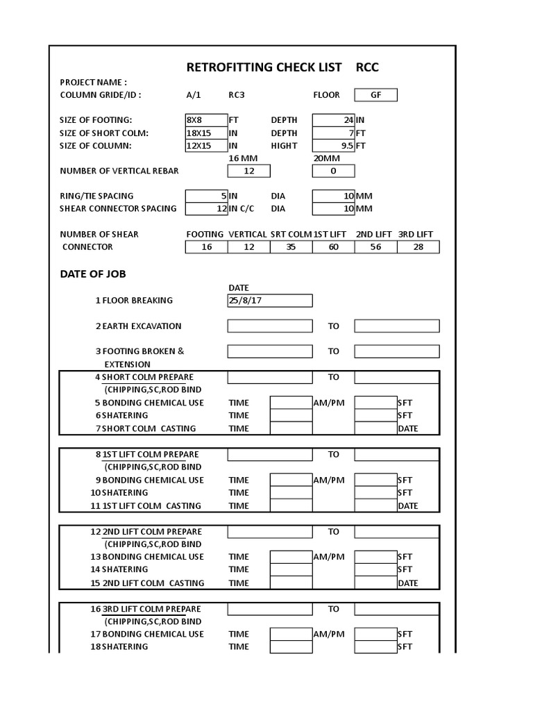 Retrofitting Check List RCC: Date of Job | PDF