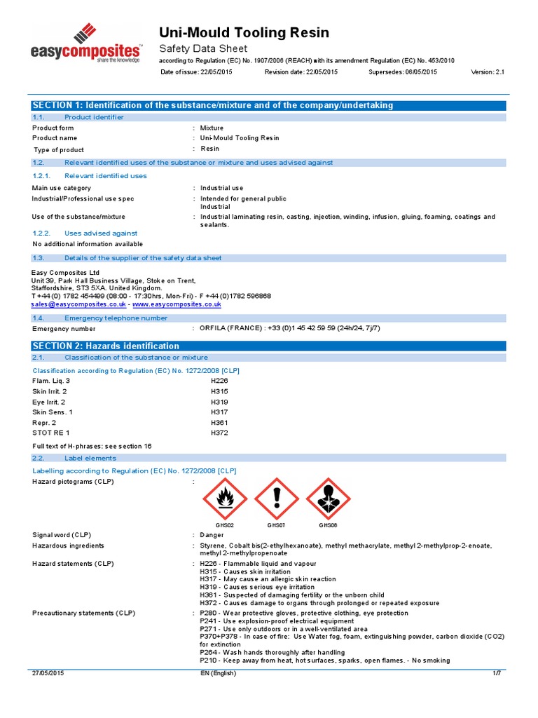 EC SDS Uni Mould Tooling Resin Toxicity Personal Protective Equipment