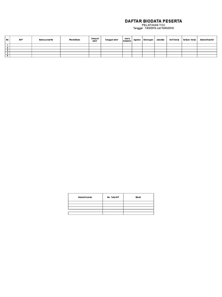 Format Biodata Peserta Pelatihan