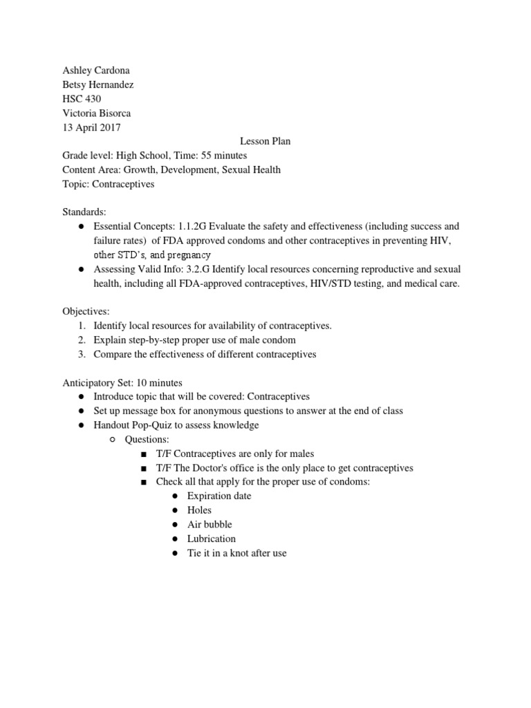 HSC 430 Lesson Plan | PDF | Birth Control | Condom