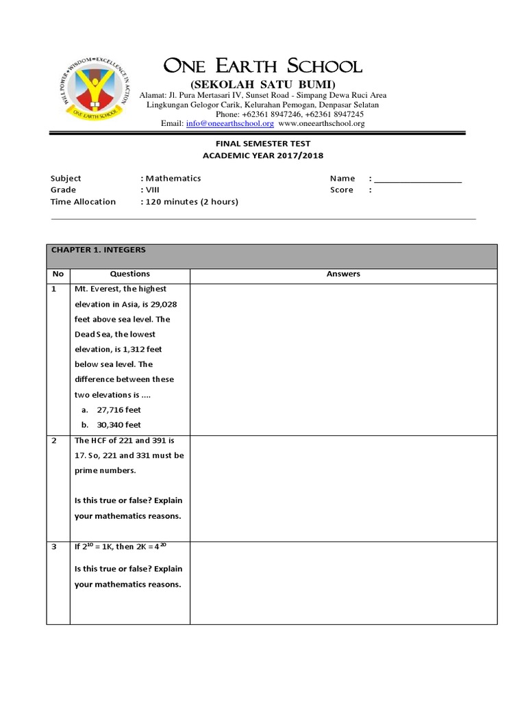 One Earth School Math Test 2017-2018 | PDF | Indonesian Rupiah ...