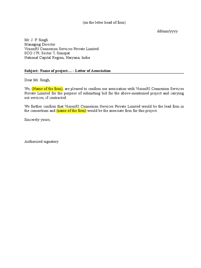 Letter of Association for Bid Proposal | PDF
