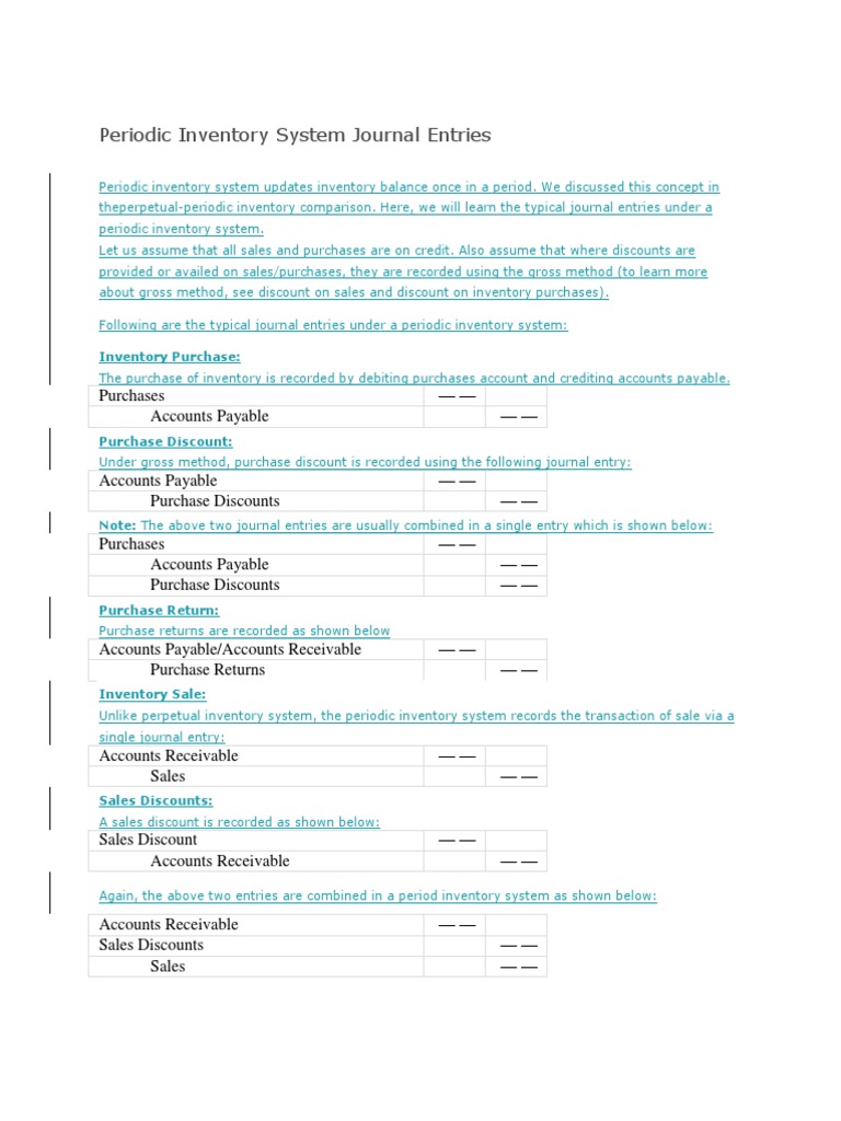 Periodic Inventory System Journal Entries PDF Debits And Credits