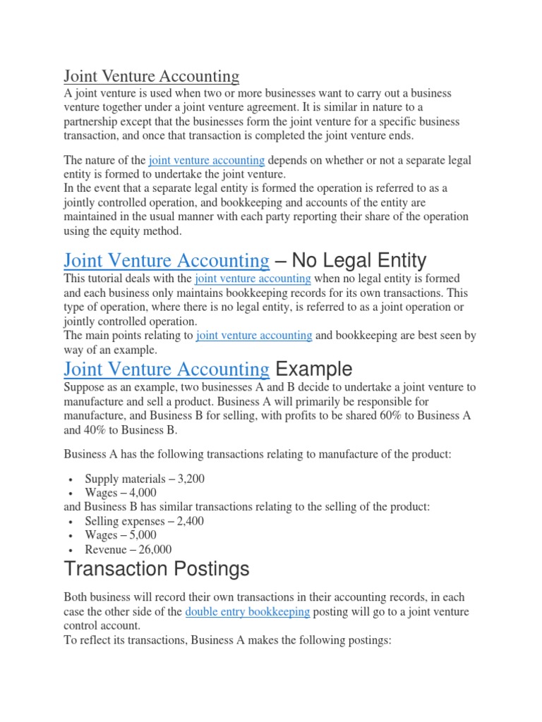 Joint Venture Accounting Debits And Credits Bookkeeping