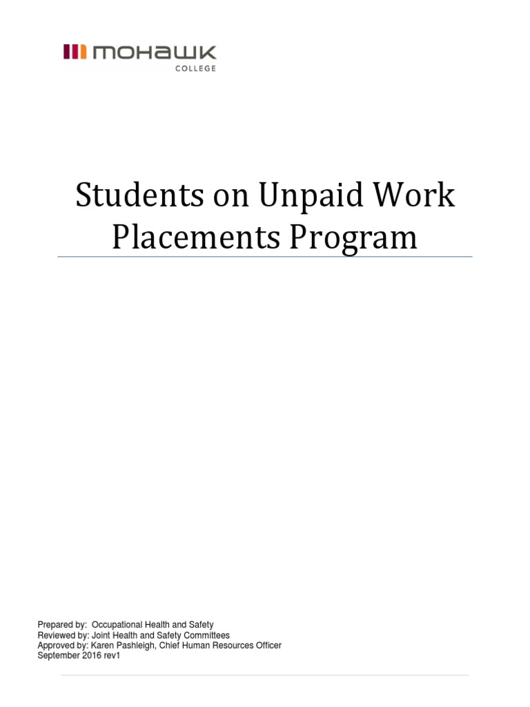 Mohawk College Students On Unpaid Work Placement Program PDF Occupational Safety And Health