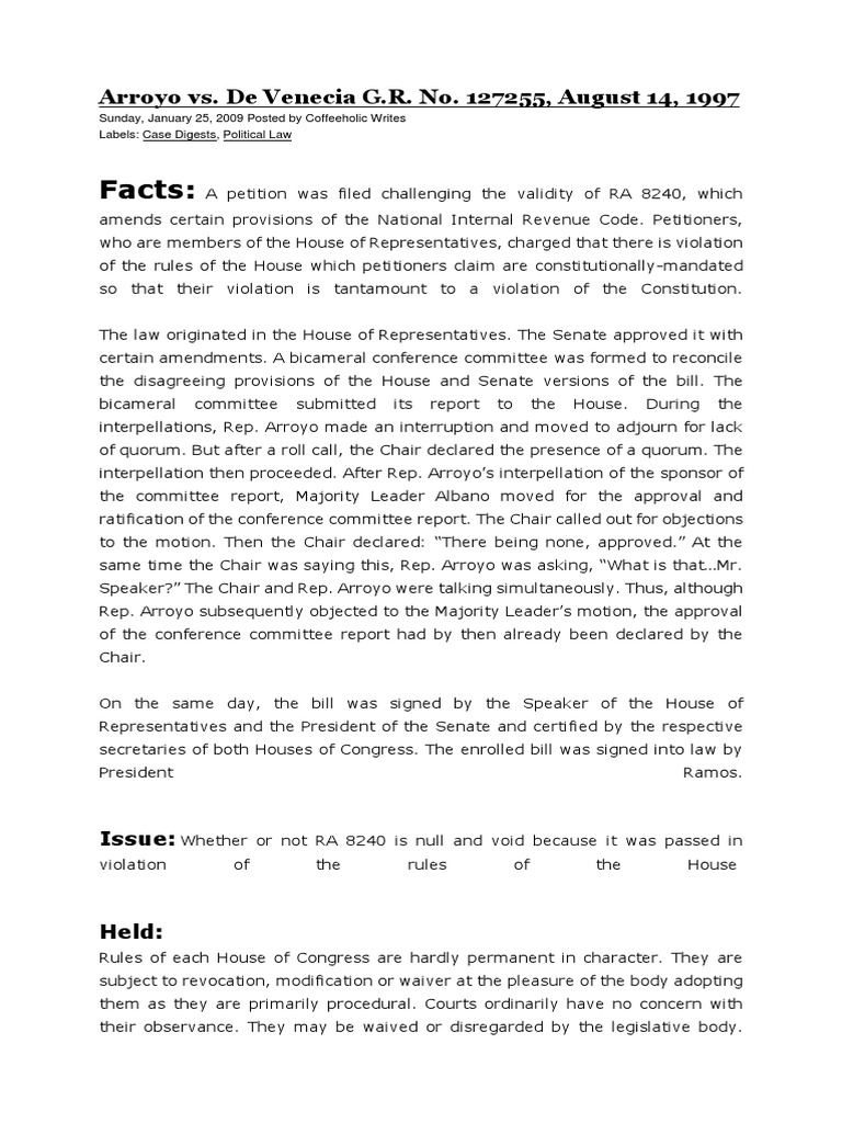 Arroyo Vs de Venecia PDF United States House Of Representatives
