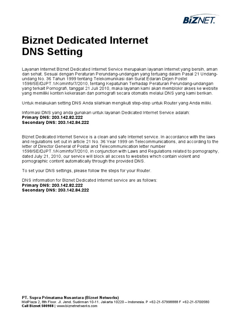 Biznet Dedicated Internet - DNS Setting PDF | PDF