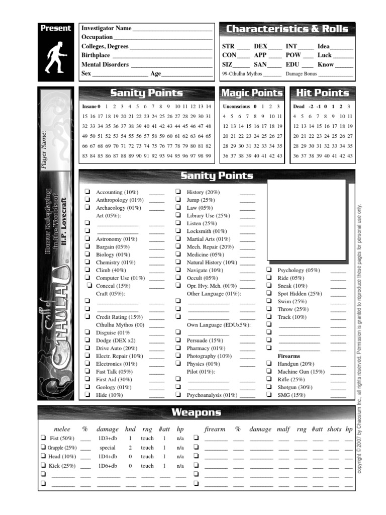 Call Of Cthulhu Modern Character Sheet