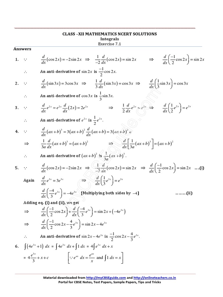 Class 12 Math NCERT Solutions: Integrals | PDF | Mathematical Analysis ...