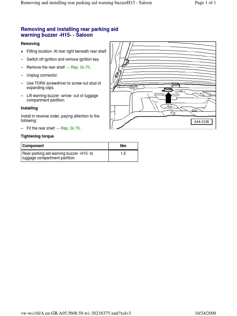 Removing and Installing Rear Parking Aid Warning Buzzer H15 Saloon Audi A6 PDF
