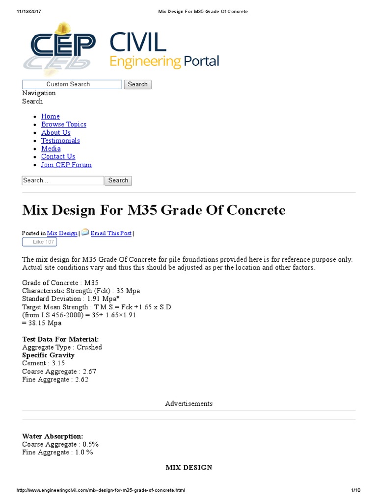 Mix Design For M35 Grade of Concrete PDF Construction Aggregate