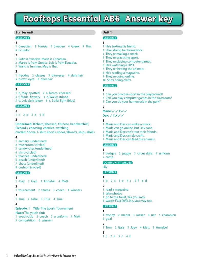 Rooftops Activity Book 6: Answer Key | PDF | Natural Disasters | Foods