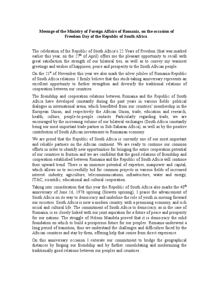 Romania-South Africa Relations Anniversary | PDF | Africa | South Africa