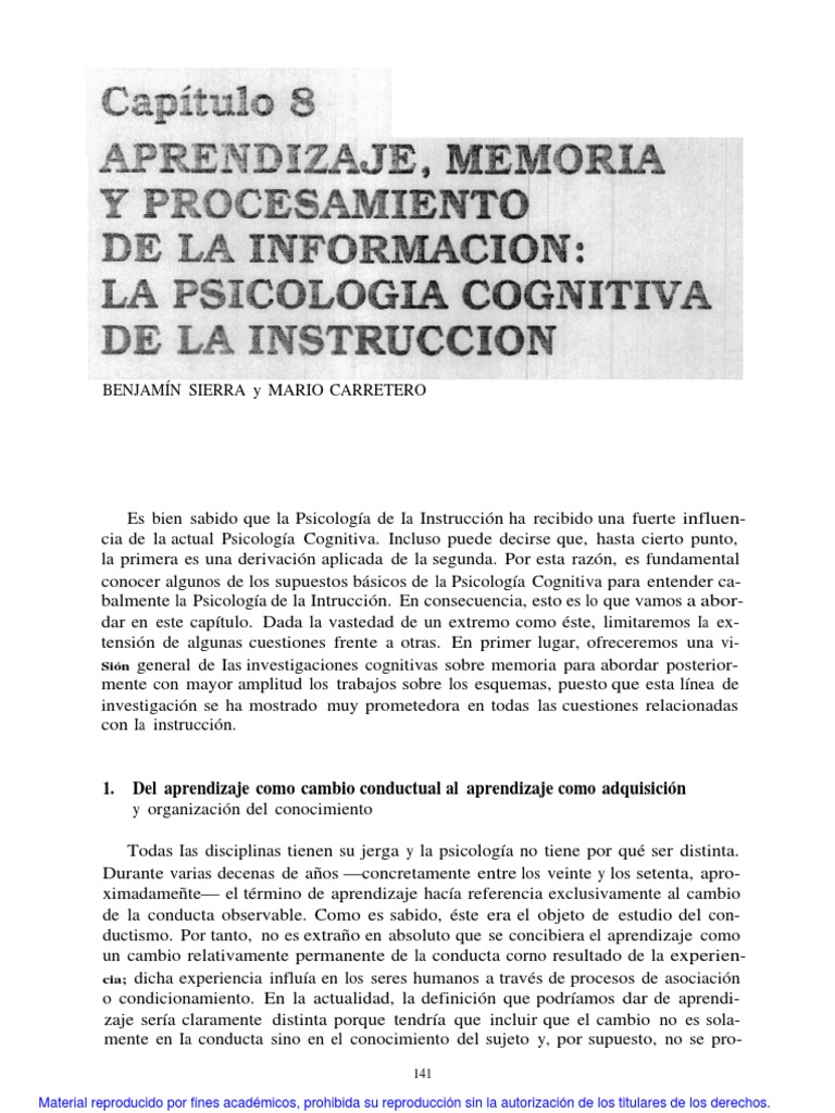 Psicología Cognitiva y Aprendizaje | PDF | Memoria | Aprendizaje