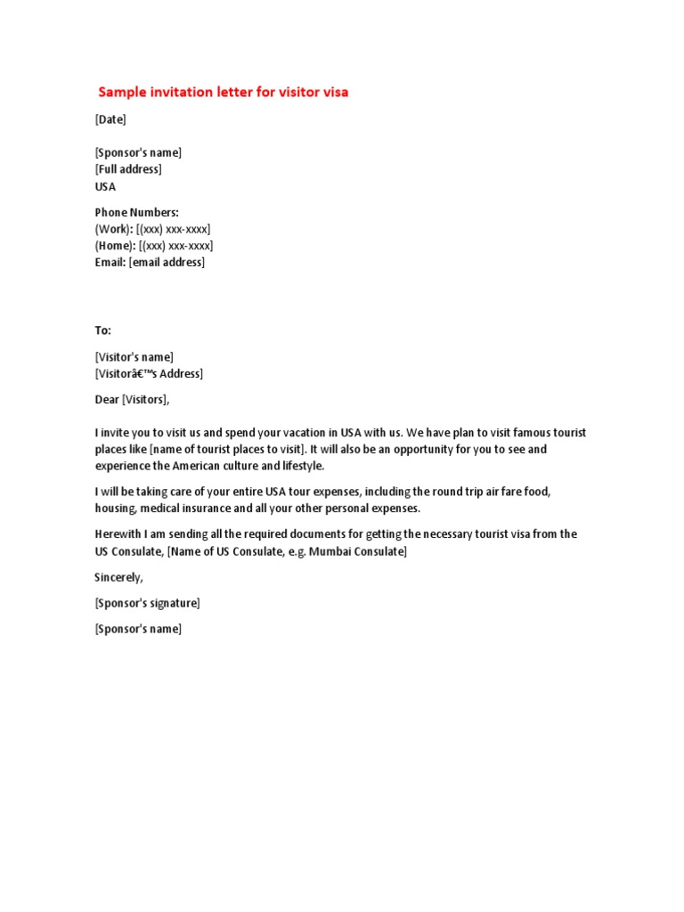 cover letter visitor visa usa