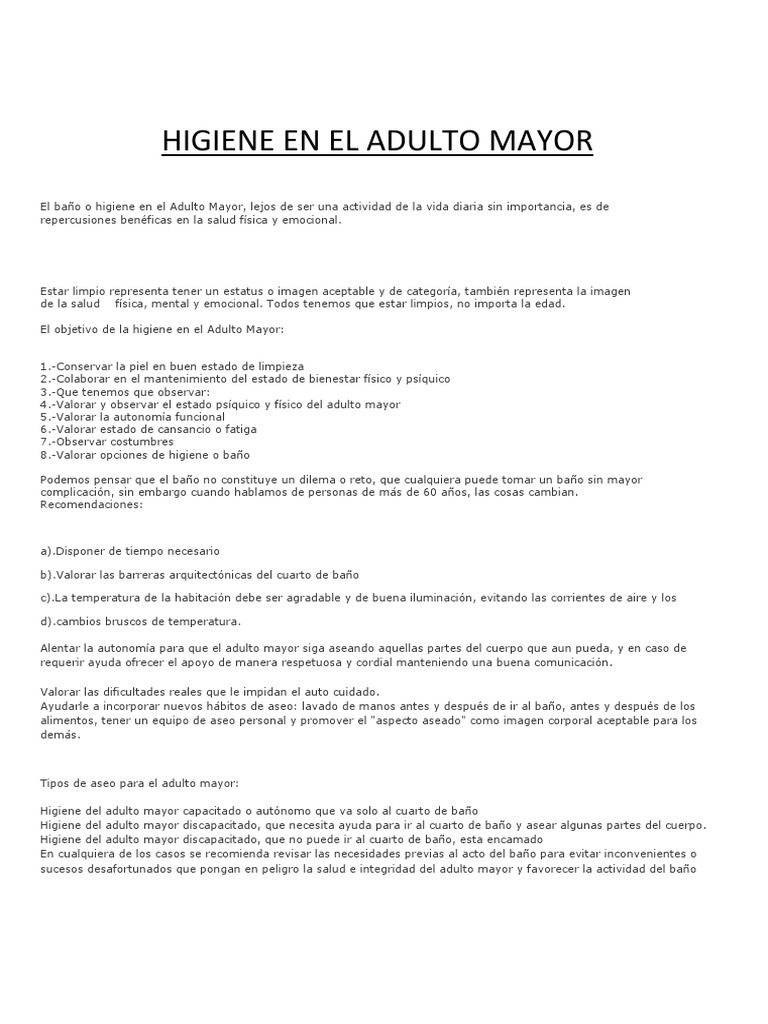 Higiene y Aseo en Adultos Mayores | PDF | Vejez | Adultos