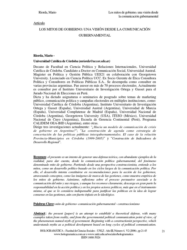 Mario Riorda. Mitos Del Gobierno. Visión Desde La Comunicación PDF PDF Formas de gobierno